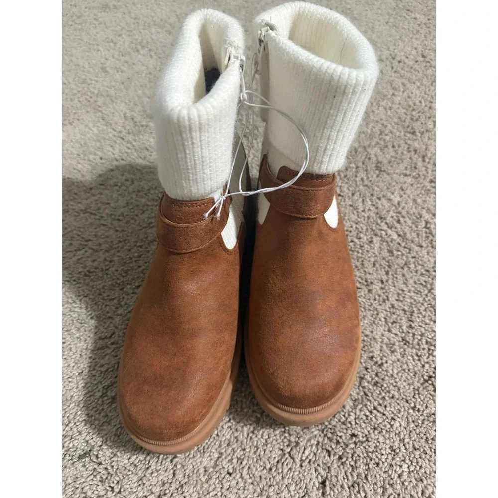 Girls Brown Faux Suede Ankle Boots Ribbed Knit Collar Buckle Strap Size 4